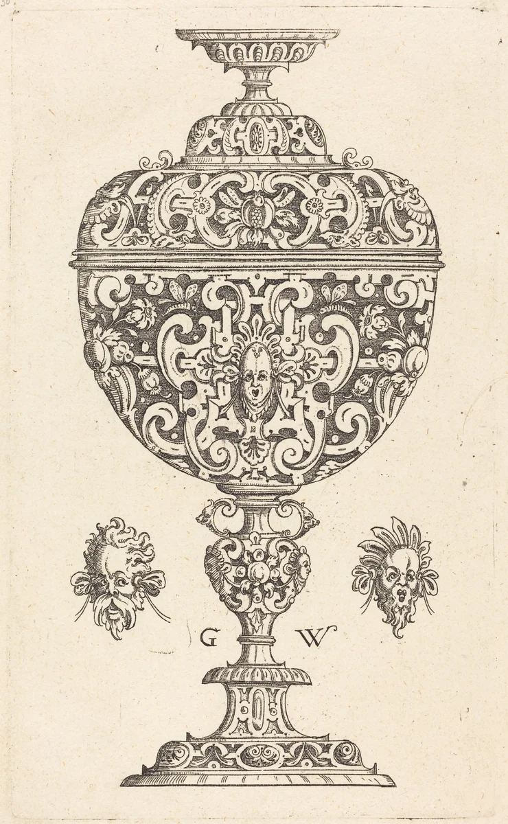Goblet decorated with a masque with open mouth by Georg Wechter, print, 1579