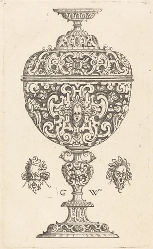 Goblet decorated with a masque with open mouth by Georg Wechter, print, 1579