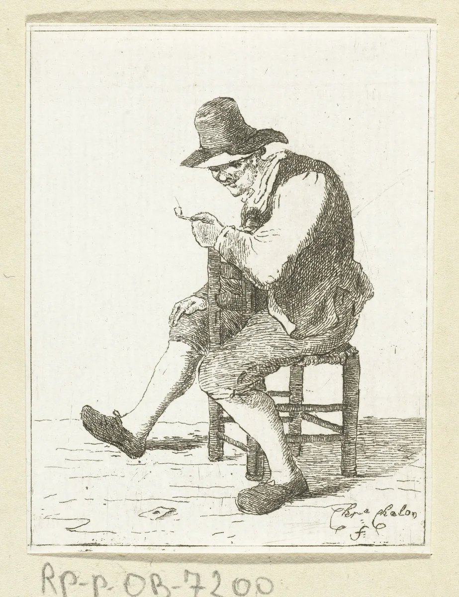 Zittende man met pijp by Pieter de Mare, print, 1779