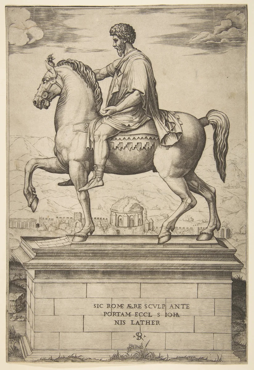 Equestrian Statue of Marcus Aurelius by Marco Dente, print, 1515-1527