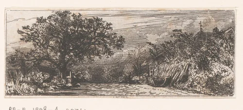 Gezicht op een pad in een landschap by Charles Emile Jacque, print, 1843