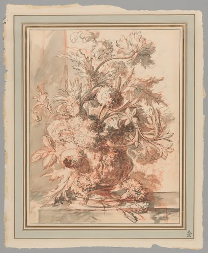 Flowers in an Urn Decorated with Putti, on a Plinth by Jan van Huysum, drawing, 1700-1749