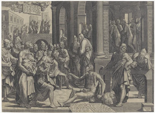 Peter and John heal a paralyzed man at the temple gate by Lambertus Suavius, print, 1553