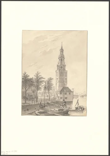 Gezicht op de Oudeschans en de Montelbaanstoren by Reinier Vinkeles, drawing, 1751-1816