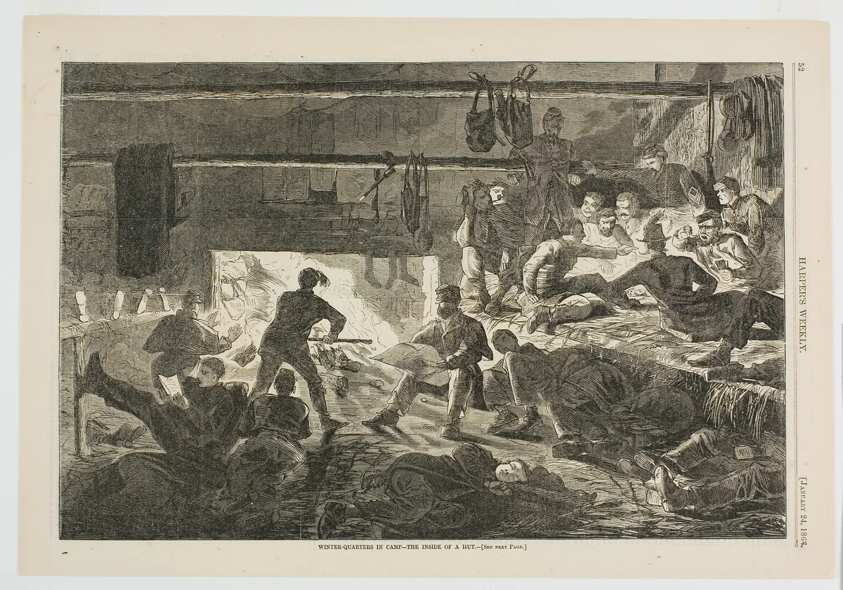 Winter-Quarters in Camp—The Inside of a Hut by Winslow Homer, print, 1863