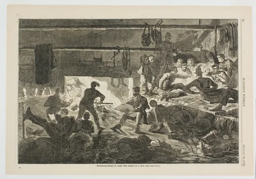 Winter-Quarters in Camp—The Inside of a Hut by Winslow Homer, print, 1863