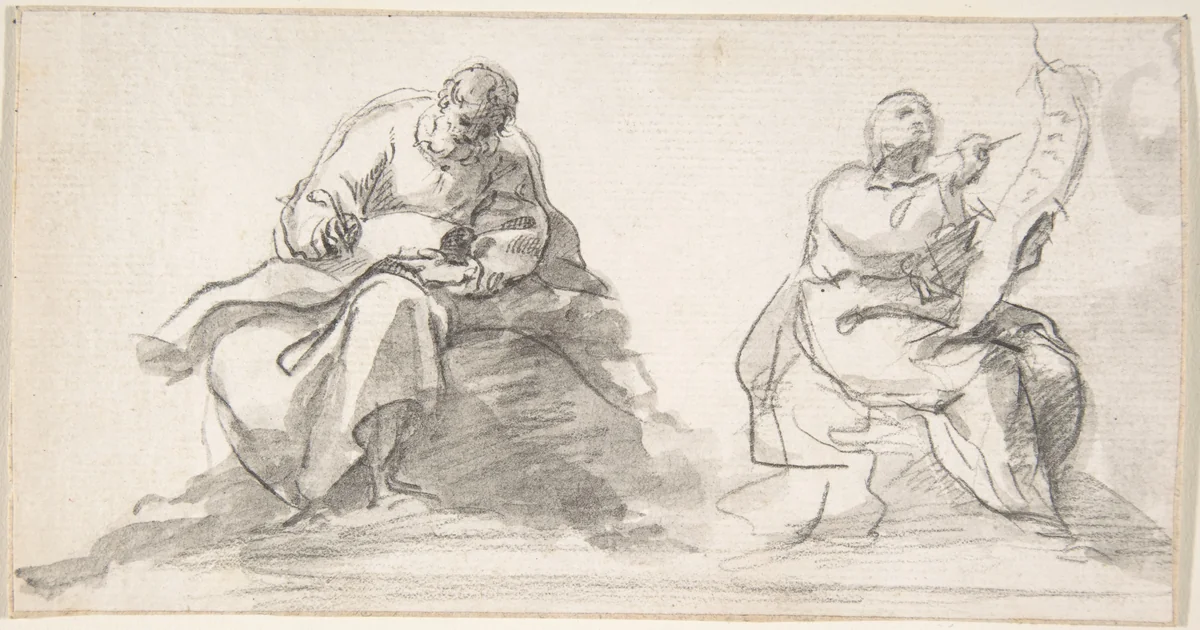Two Figures of Evangelists Writing by Pedro Duque Cornejo, drawing, 1695-1755
