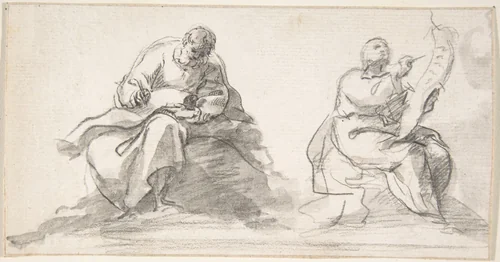 Two Figures of Evangelists Writing by Pedro Duque Cornejo, drawing, 1695-1755