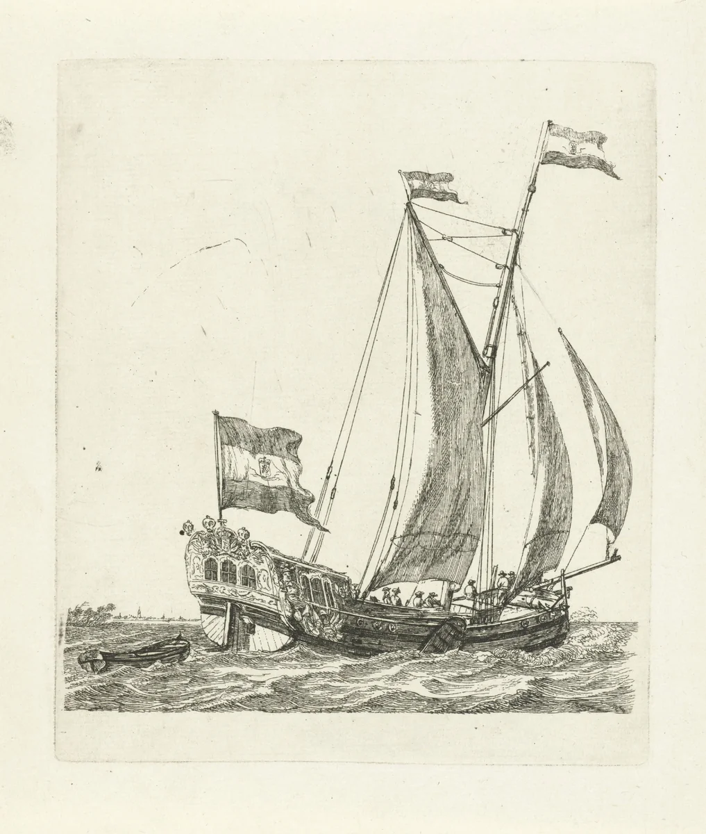 Zeilschip met drie vlaggen by Gerrit Groenewegen, print, 1790
