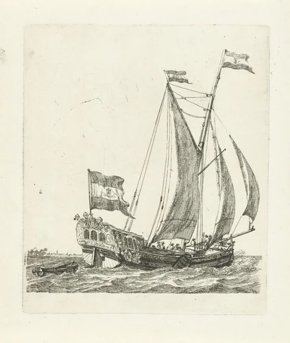 Zeilschip met drie vlaggen by Gerrit Groenewegen, print, 1790
