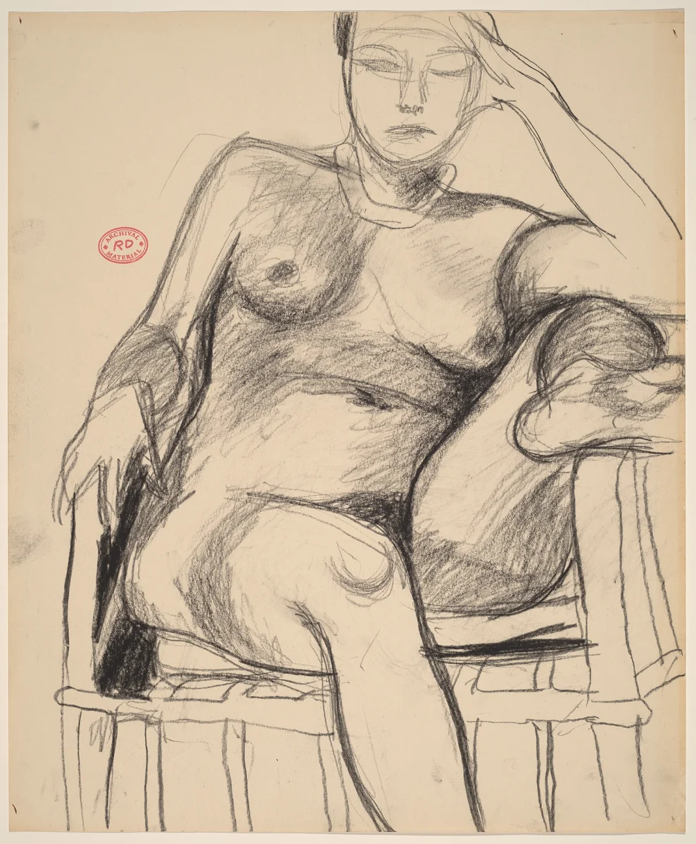 Untitled [seated female nude with left leg on chair arm] by Richard Diebenkorn, drawing, 1955-1967