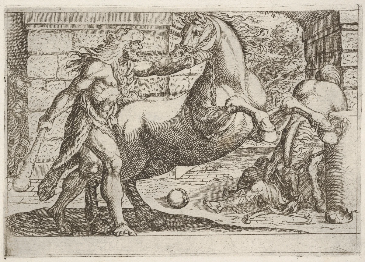 Hercules and the Mares of Diomedes: Hercules grasps the bridle of a rearing horse, a second horse tramples a figure in at right, from "The Labors of Hercules" by Antonio Tempesta, print, 1608