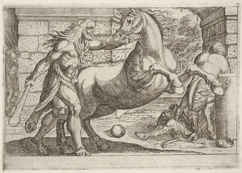 Hercules and the Mares of Diomedes: Hercules grasps the bridle of a rearing horse, a second horse tramples a figure in at right, from "The Labors of Hercules" by Antonio Tempesta, print, 1608