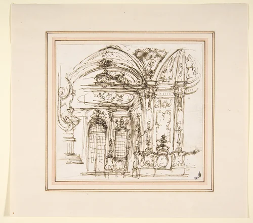 Design for a Stage Set: Highly Decorated Interior of a Palace by Giuseppe Valeriani, drawing, 1740-1770