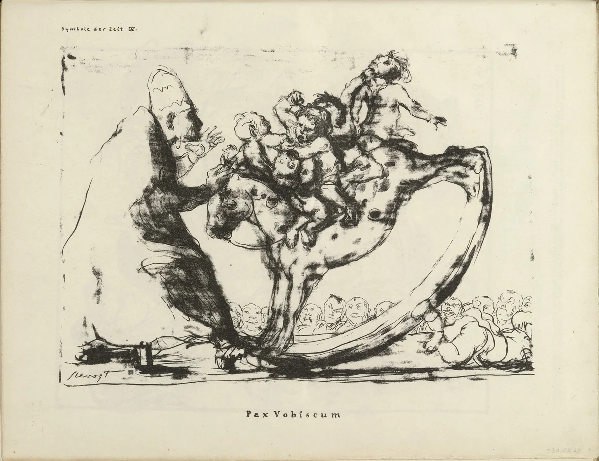 Signs of the Times IV: Pax Vobiscum (Symbole der Zeit IV: Pax Vobiscum) (plate, folio 11 verso) from the periodical Der Bildermann, vol. 1, no. 2 (Jun 1916) by Max Slevogt, periodical, 1916