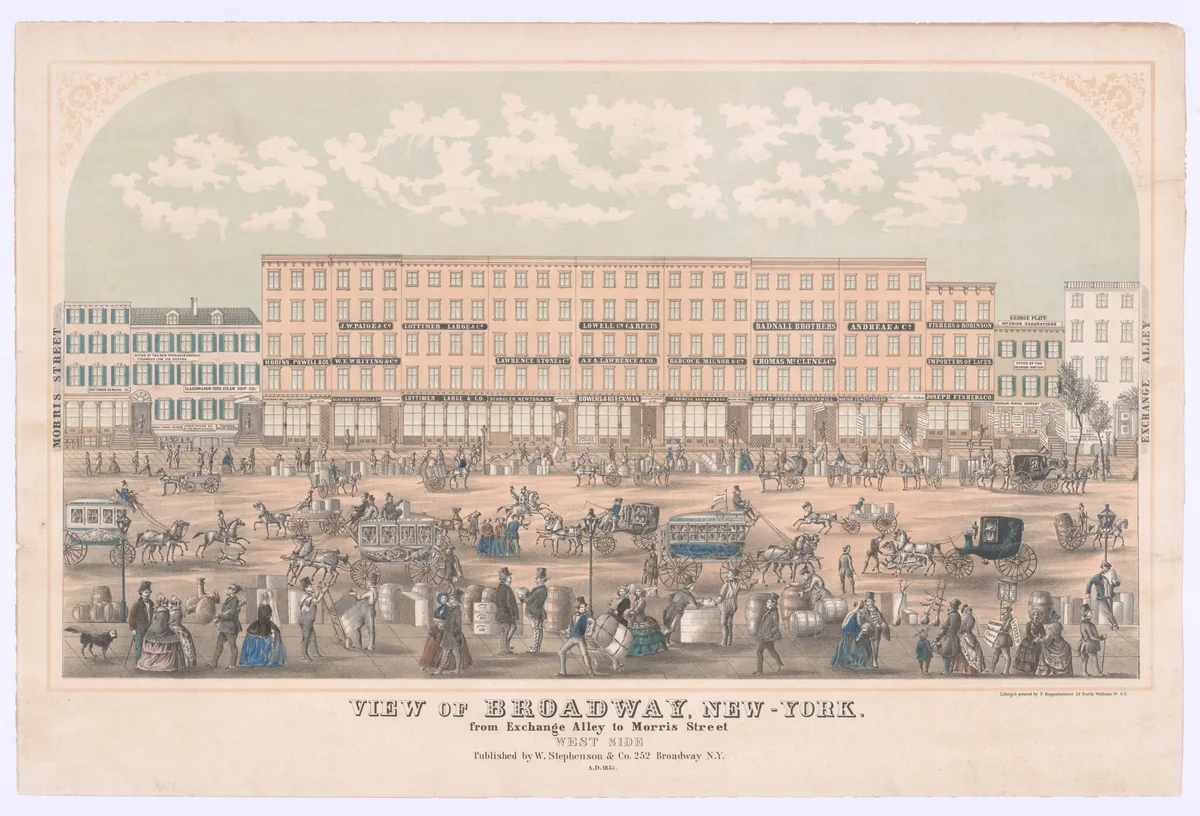 View of Broadway, New-York, from Exchange Alley to Morris Street, West Side by Frederick Heppenheimer, print, 1855
