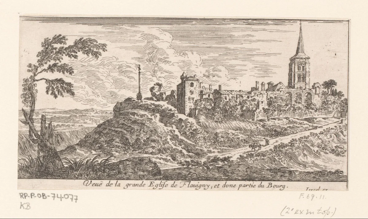 Gezicht op de kerk van Flavigny by Israël Silvestre, print, 1650