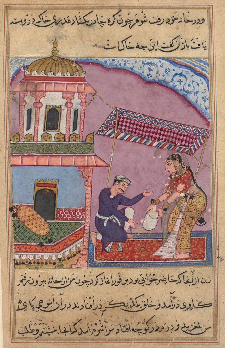 The merchant’s clerk replaces the sugar purchased by the philandering wife with gravel, from a Tuti-nama (Tales of a Parrot): Eighth Night by Unknown, painting, 1555-1565