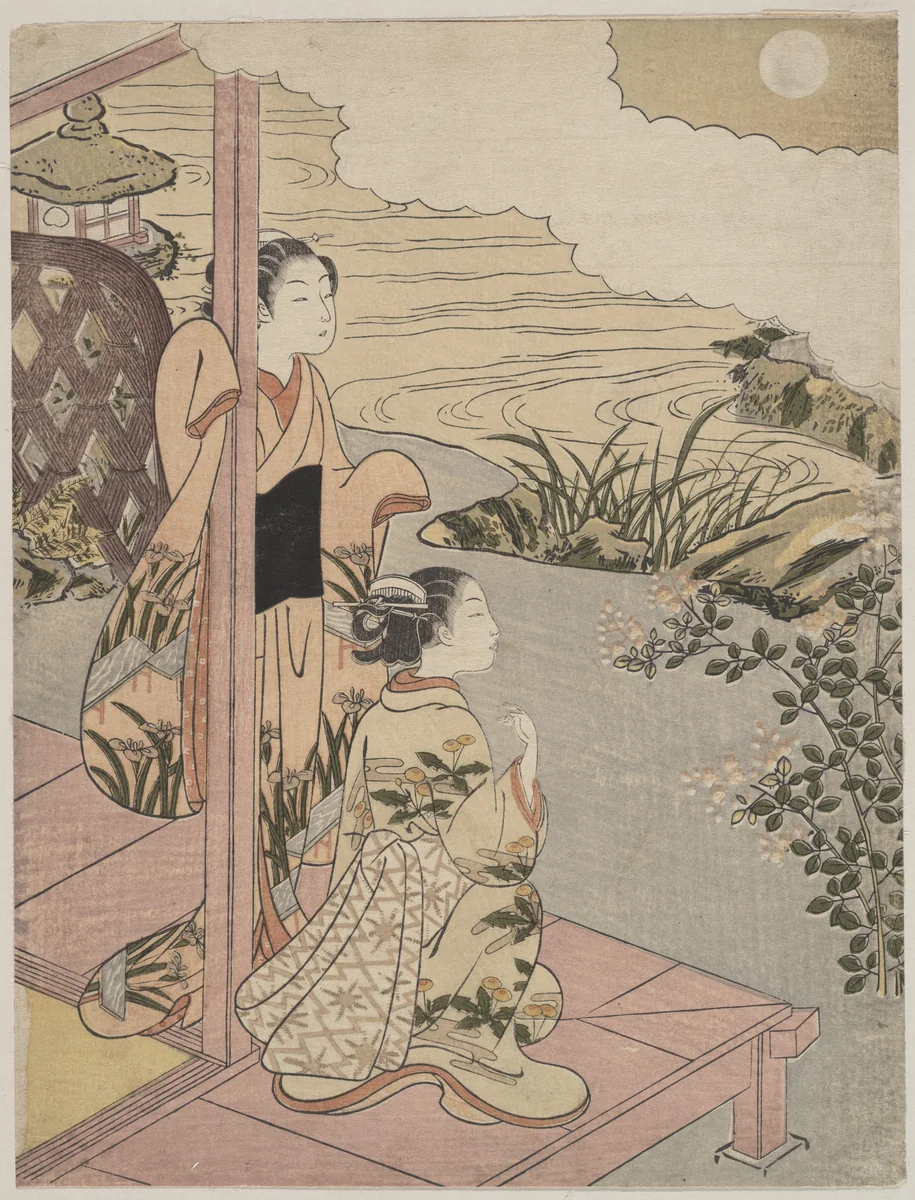 Two Girls on a Veranda beside a Stream with the Moon by Suzuki Harunobu (鈴木春信), print, 1725-1770