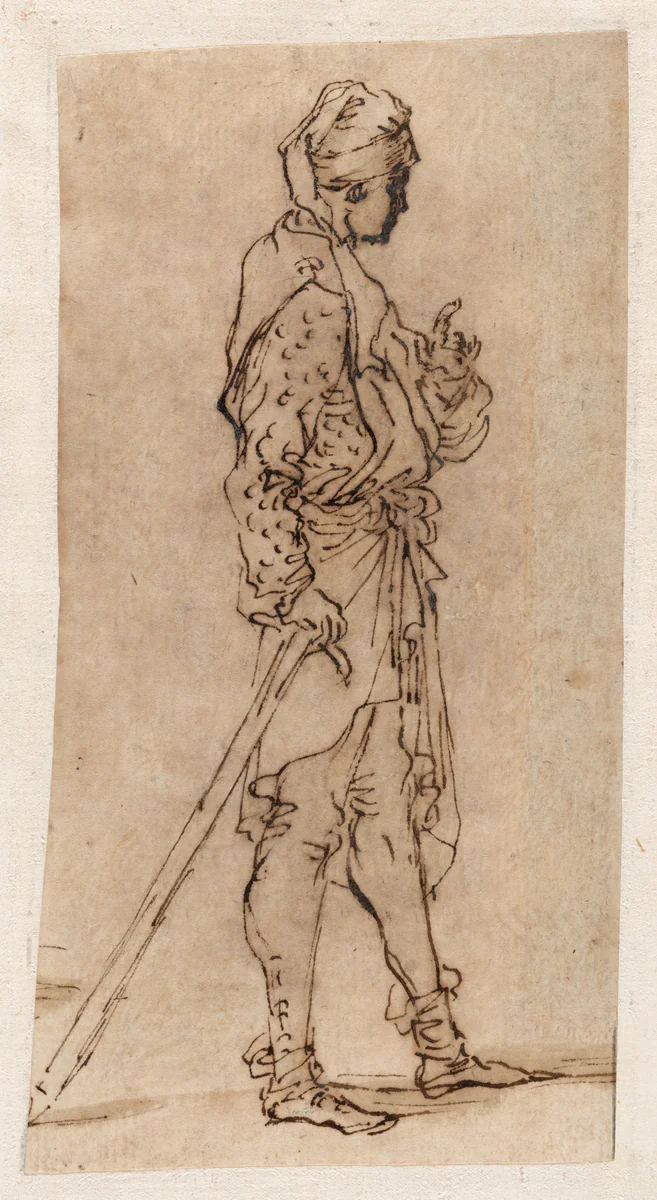 A Standing Man Leaning on a Stick by Salvator Rosa, drawing, 1657-1667