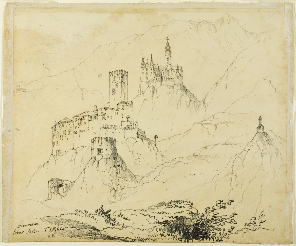 Fortresses in Tyrol, near Mals (recto); Castle in Lenzburg (verso) by John Ruskin, drawing, 1839-1900