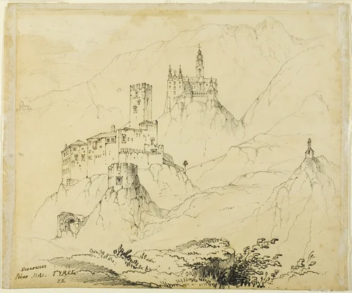 Fortresses in Tyrol, near Mals (recto); Castle in Lenzburg (verso) by John Ruskin, drawing, 1839-1900