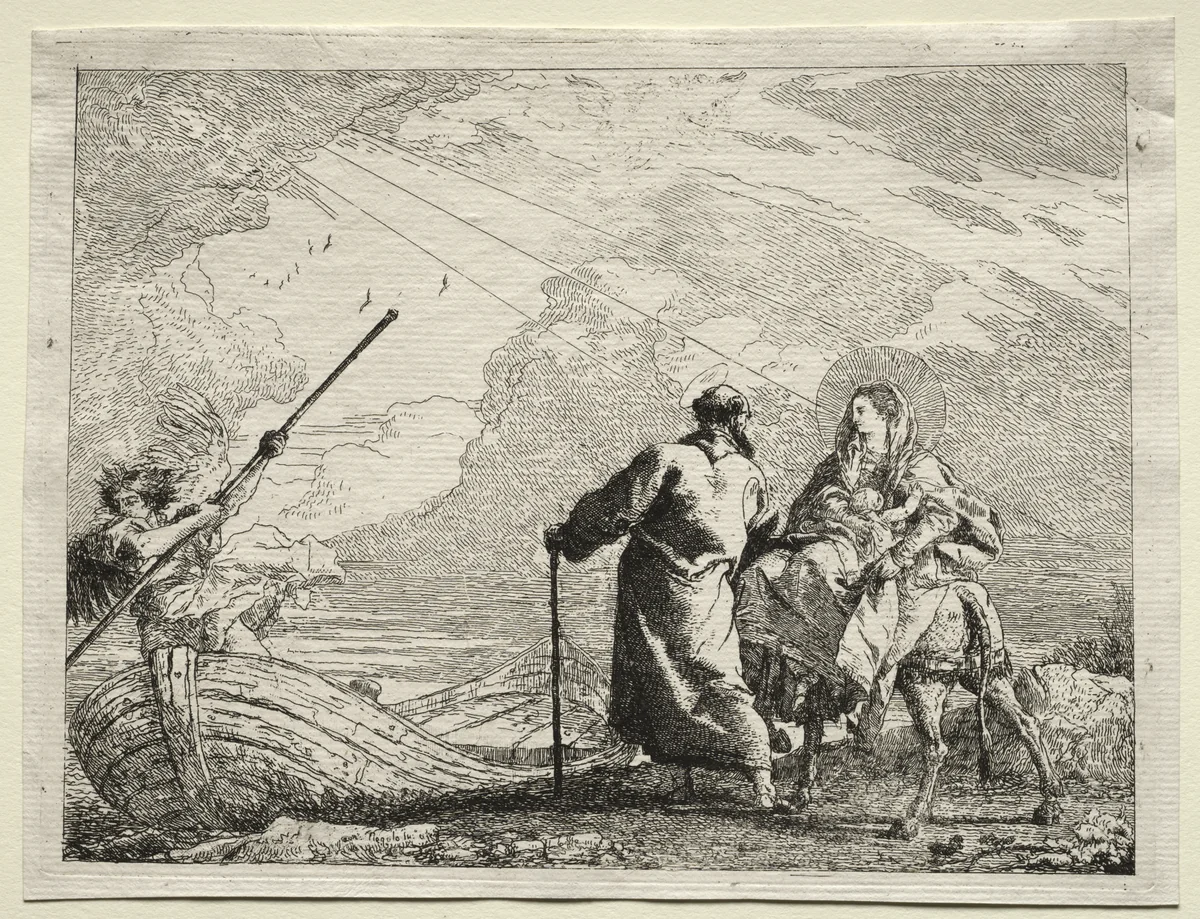 Flight into Egypt: The Holy Family Arriving at the Bank of the River by Giovanni Domenico Tiepolo, print, 1745-1758