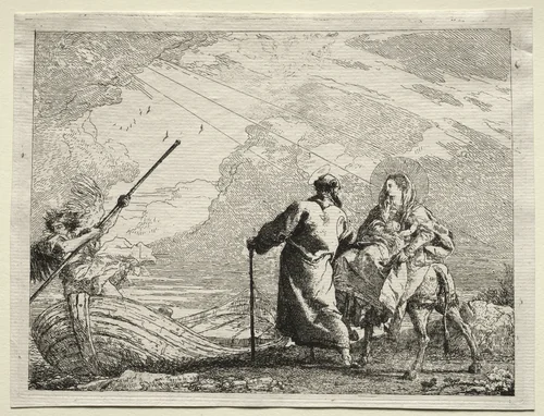 Flight into Egypt: The Holy Family Arriving at the Bank of the River by Giovanni Domenico Tiepolo, print, 1745-1758