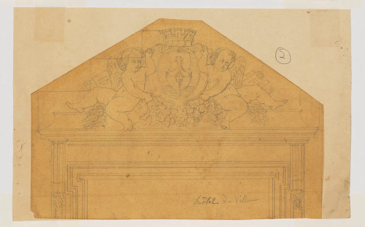 Design for an Overdoor for the Hôtel de Ville with two outward facing Putting flanking a Coat of Arms by Jean-Baptiste Louis Plantar, drawing, 1840-1880