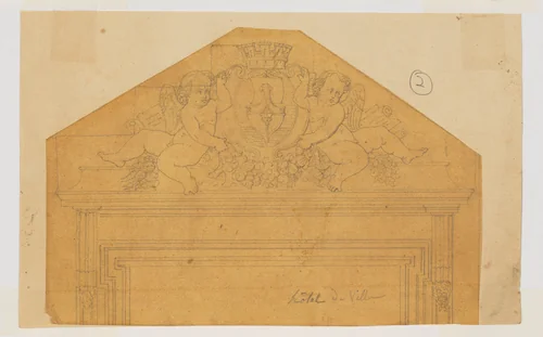 Design for an Overdoor for the Hôtel de Ville with two outward facing Putting flanking a Coat of Arms by Jean-Baptiste Louis Plantar, drawing, 1840-1880