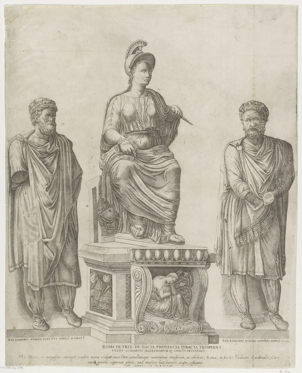 Triomferende Roma met twee barbaarse koningen by Nicolas Beatrizet, print, 1525-1565