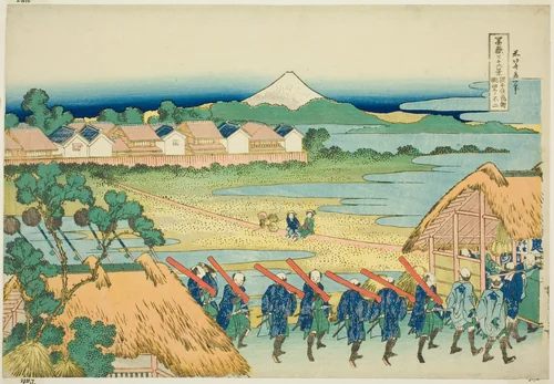 Mount Fuji Seen from the Senju Pleasure Quarter (Senju kagai yori chobo no Fuji), from the series "Thirty-six Views of Mount Fuji (Fugaku sanjurokkei)" by Katsushika Hokusai (葛飾 北斎), print, 1825-1838