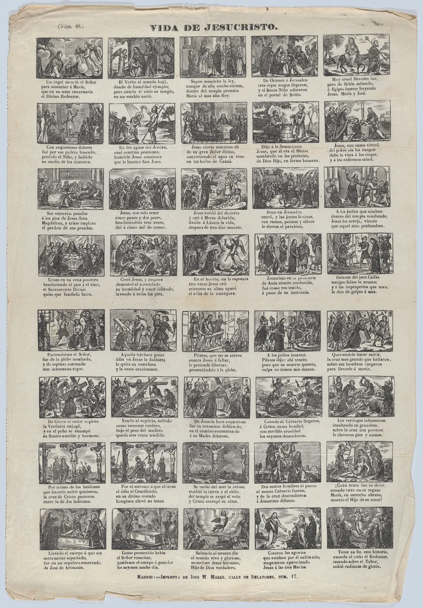 Broadside with 48 scenes illustrating the life of Christ by José María Marés, print, 1855-1875