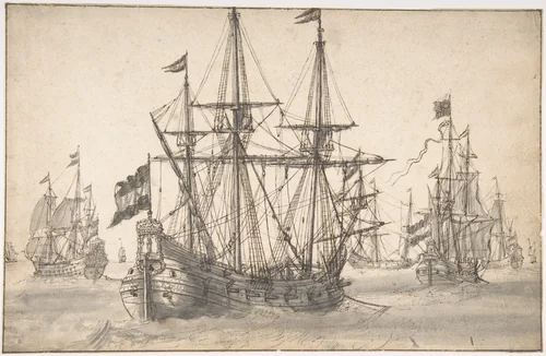Dutch Men of War at Anchor by Willem van de Velde, drawing, 1625-1693