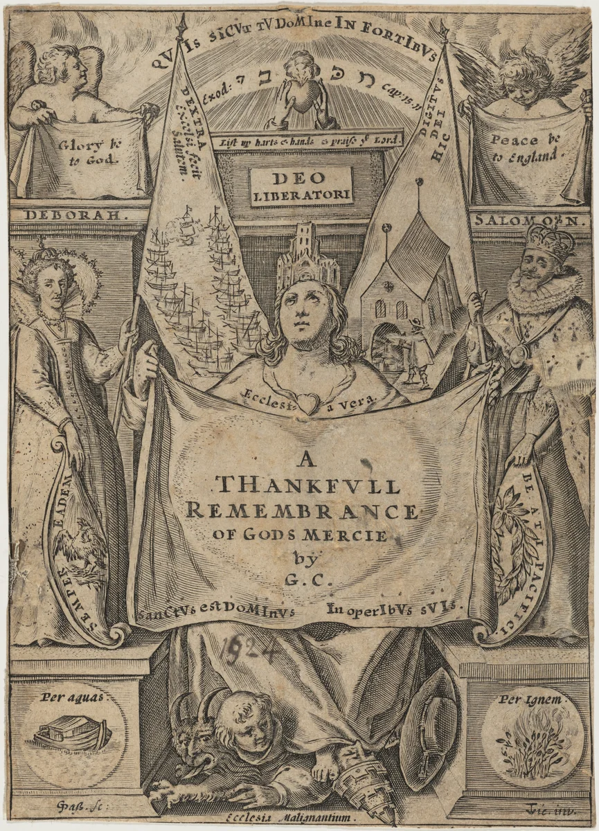 Title Page, A Thankful Remembrance of God's Mercie, by George Carleton by Willem de Passe, print, 1624