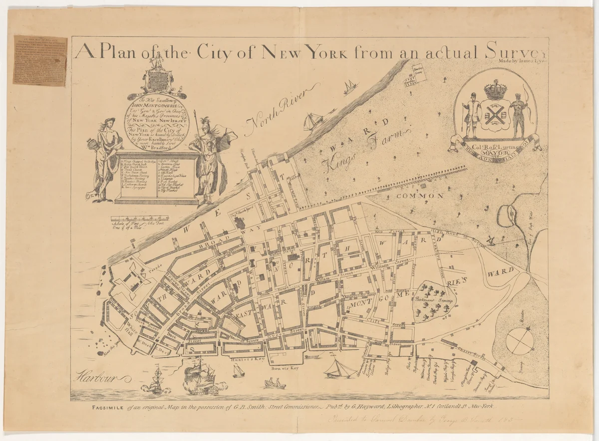 A Plan of the City of New York from an Actual Survey Made by James Lyne, 1728 by James Lyne, print, 1834-1872