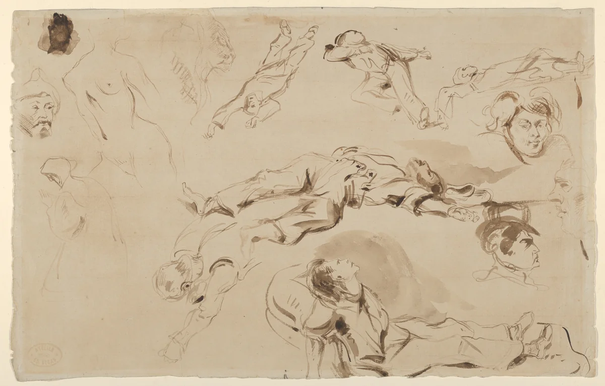 Figure Studies related to "Liberty Leading the People" by Eugène Delacroix, drawing, 1830