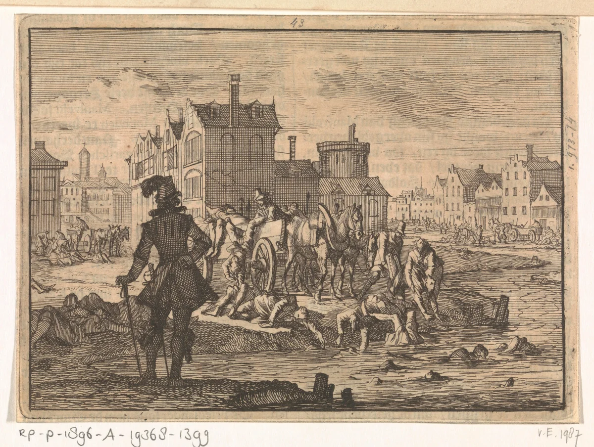 Johan 't Serclaes, graaf van Tilly, heeft Minden veroverd en laat zijn slachtoffers in Wertha werpen, 1626 by Jan Luyken, print, 1698