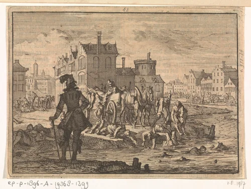 Johan 't Serclaes, graaf van Tilly, heeft Minden veroverd en laat zijn slachtoffers in Wertha werpen, 1626 by Jan Luyken, print, 1698