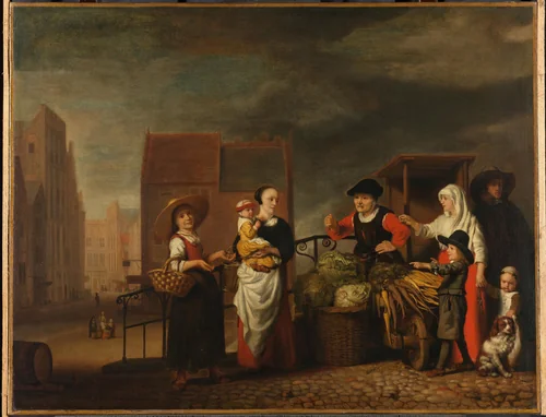 Vegetable Market by Nicolaes Maes, painting, 1655-1665