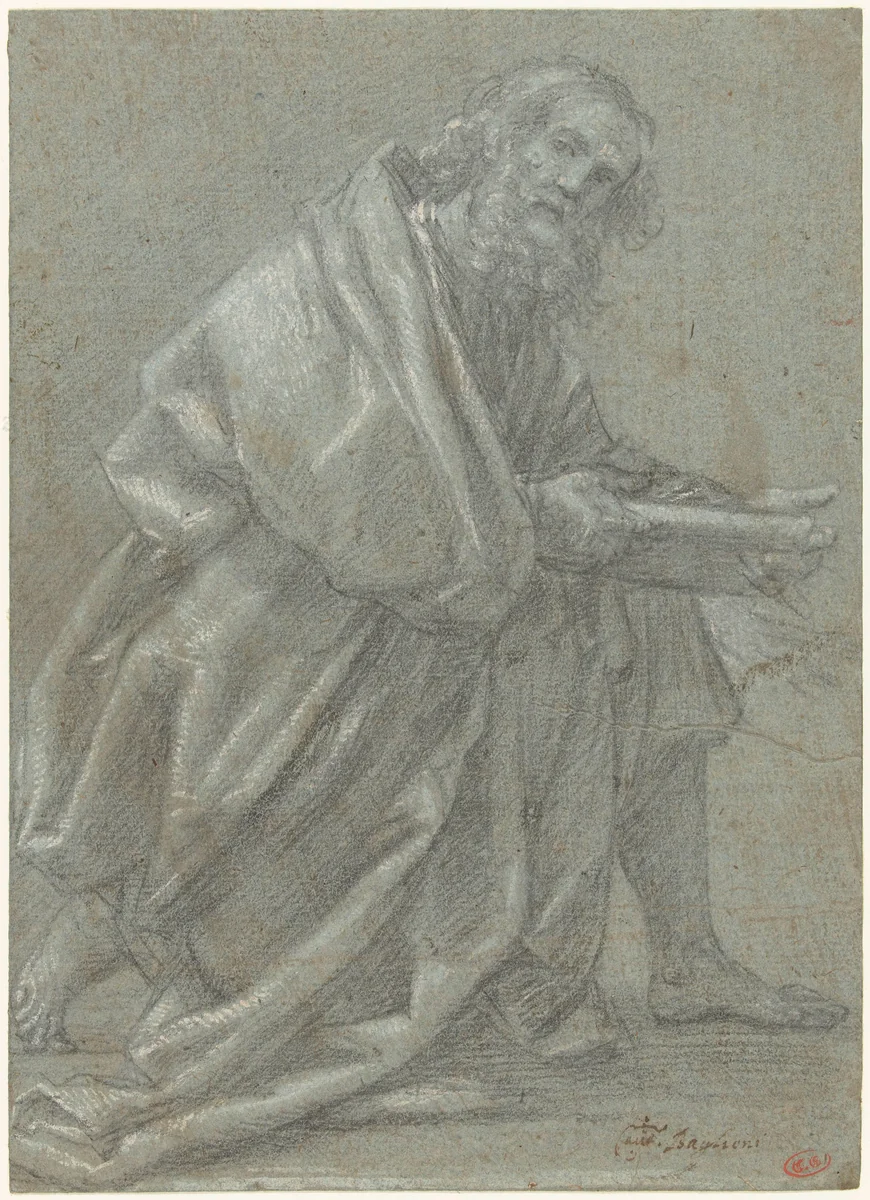 Studie voor een knielende apostel by Giovanni Baglione, drawing, 1581-1628