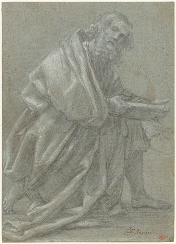 Studie voor een knielende apostel by Giovanni Baglione, drawing, 1581-1628