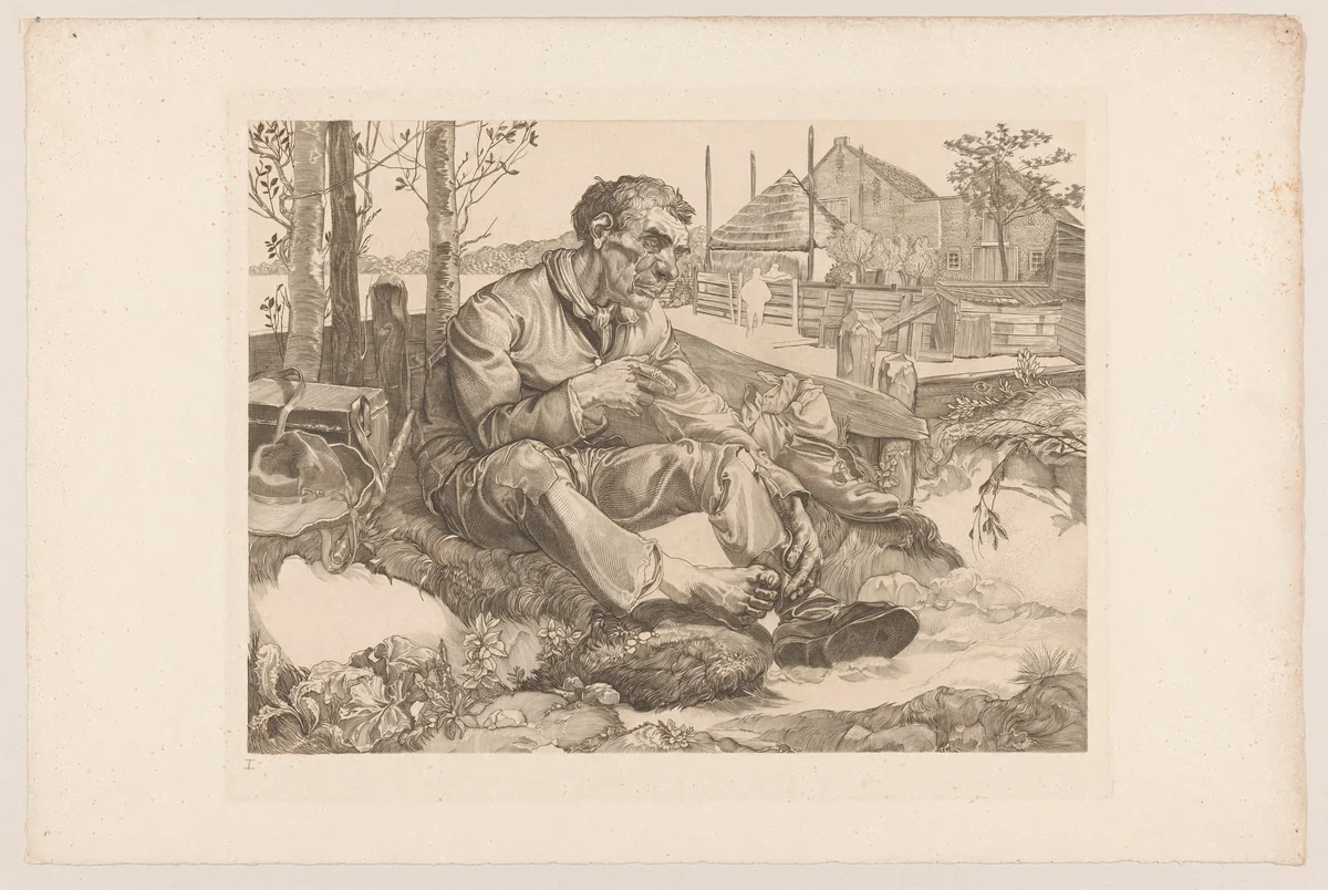 Rustende man bij boerderij by Johannes Josephus Aarts, print, 1881-1934