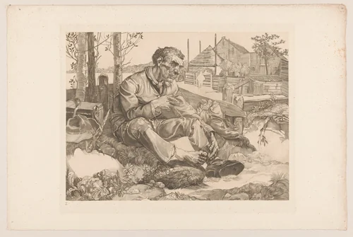 Rustende man bij boerderij by Johannes Josephus Aarts, print, 1881-1934