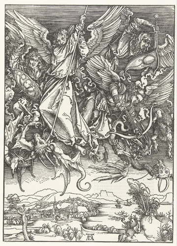 Aartsengel Michaël en zijn engelen bestrijden enkele draken by Unknown, print, 1498