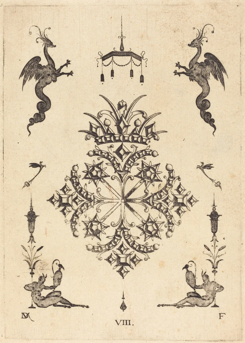 Brooch with Fantasy Animals at Top and Fauns with Vases at Bottom by Daniel Mignot, print, 1596