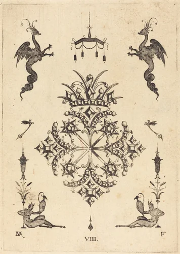 Brooch with Fantasy Animals at Top and Fauns with Vases at Bottom by Daniel Mignot, print, 1596