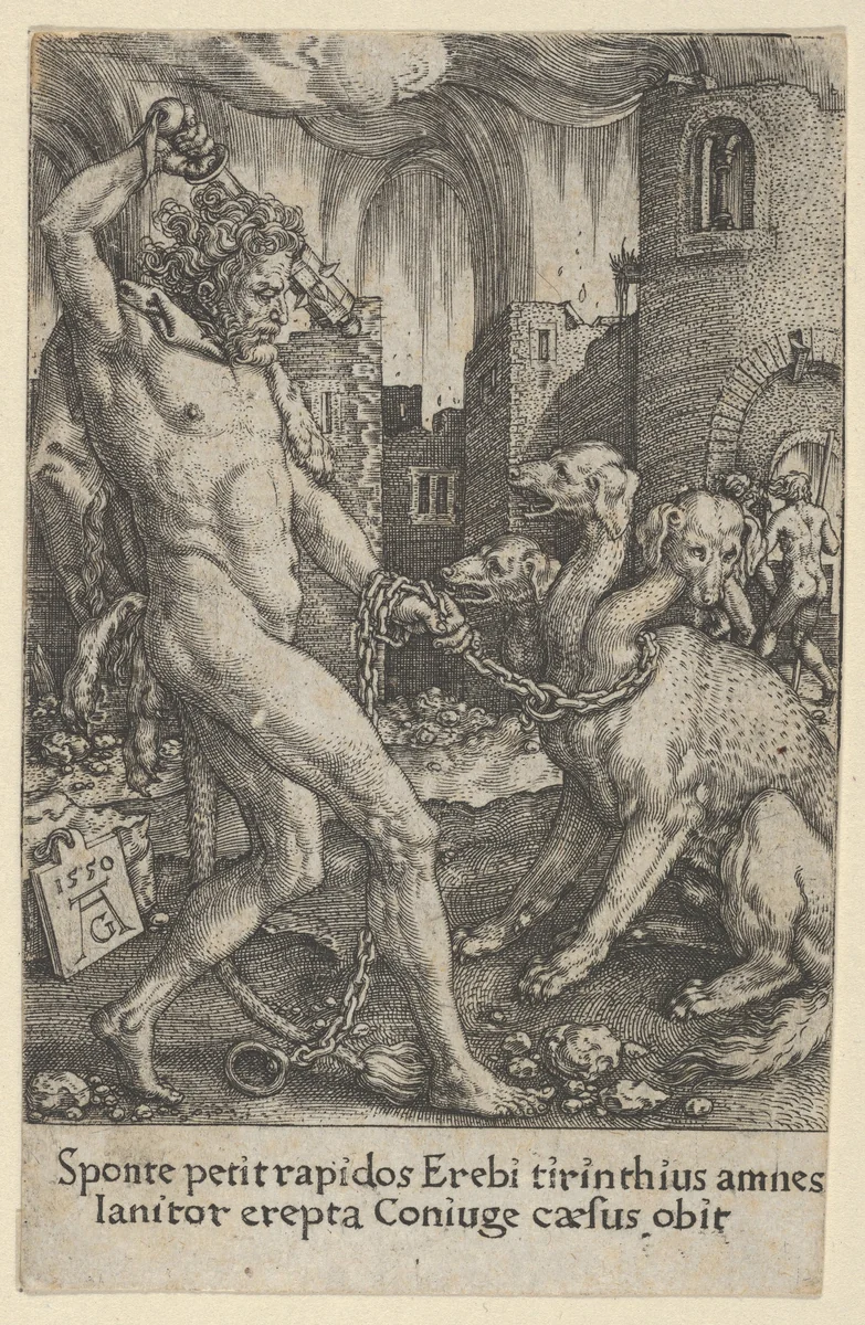 Hercules and Cerberus, from "The Labors of Hercules" by Heinrich Aldegrever, print, 1550