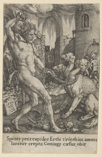 Hercules and Cerberus, from "The Labors of Hercules" by Heinrich Aldegrever, print, 1550