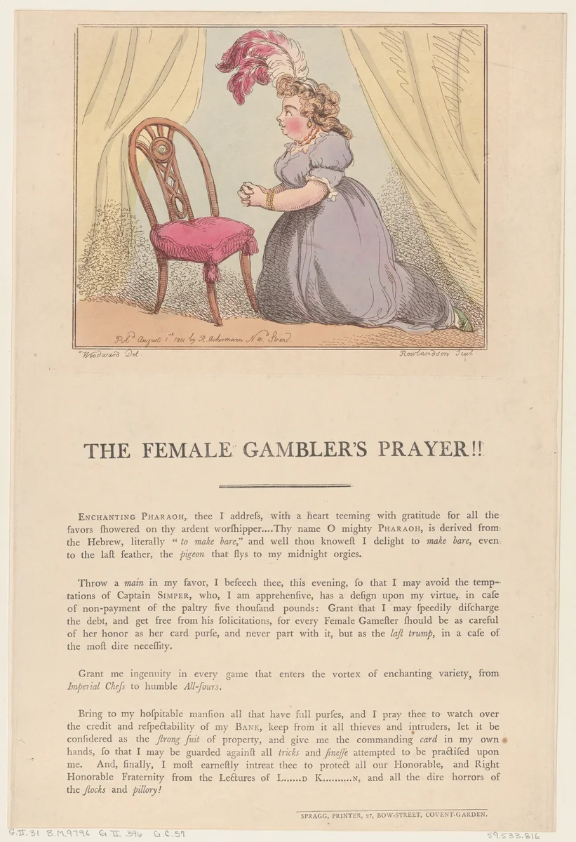 The Female Gambler's Prayer!! by Thomas Rowlandson, print, 1801